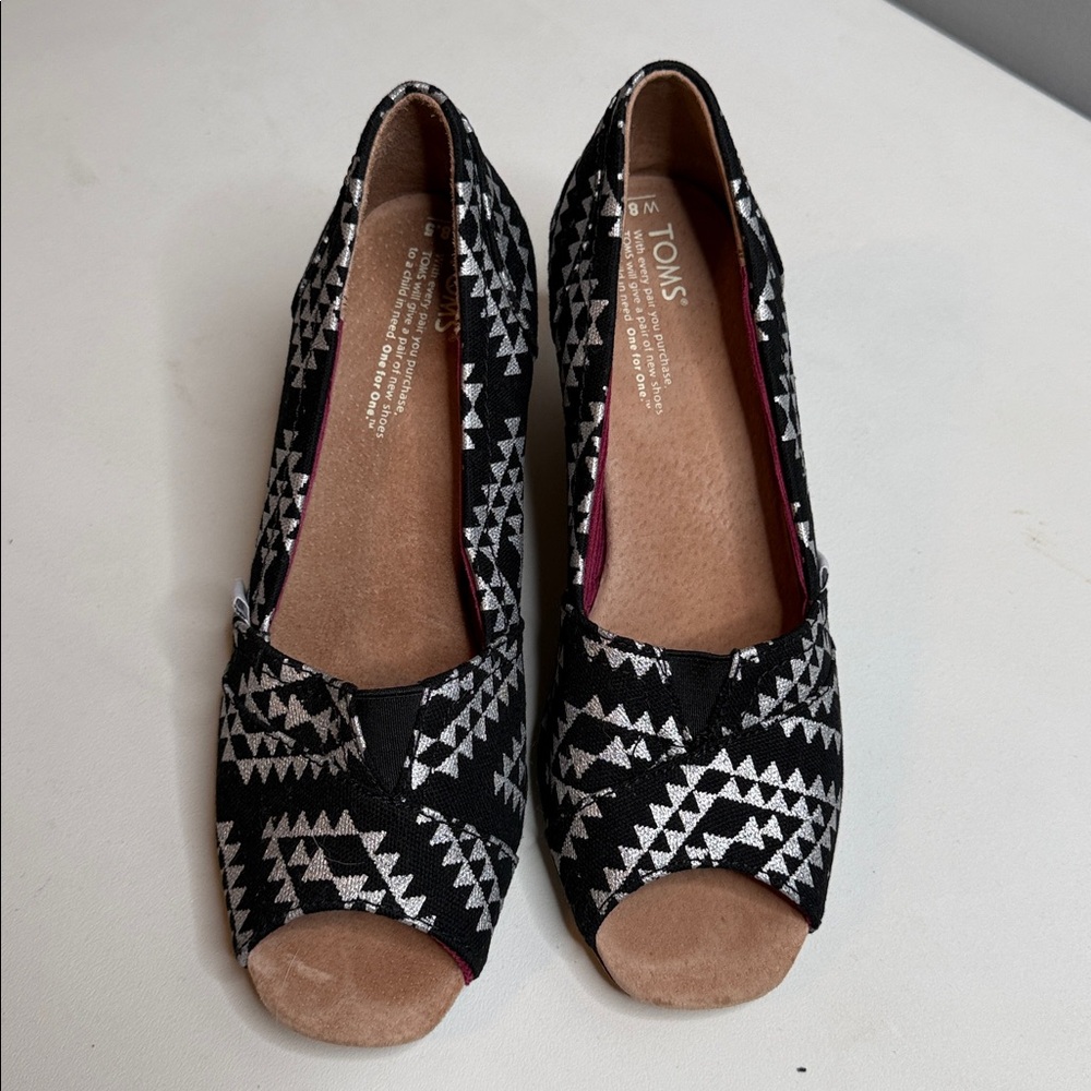 TOMS Reina Tribal Black and White Peep Toe Cork Wedge Shoes